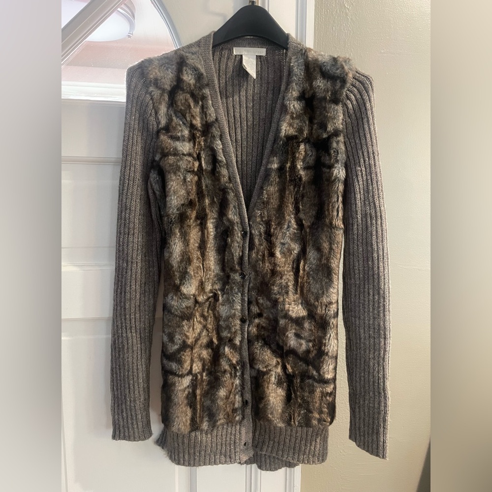 Design History Brown Faux rabbit Fur Front Ribbed Cardigan wool blend Medium